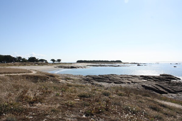 A coastal landscape with rocky terrain and a beach.