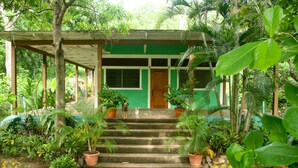 Edifício verde com varanda, cercado por plantas tropicais exuberantes.