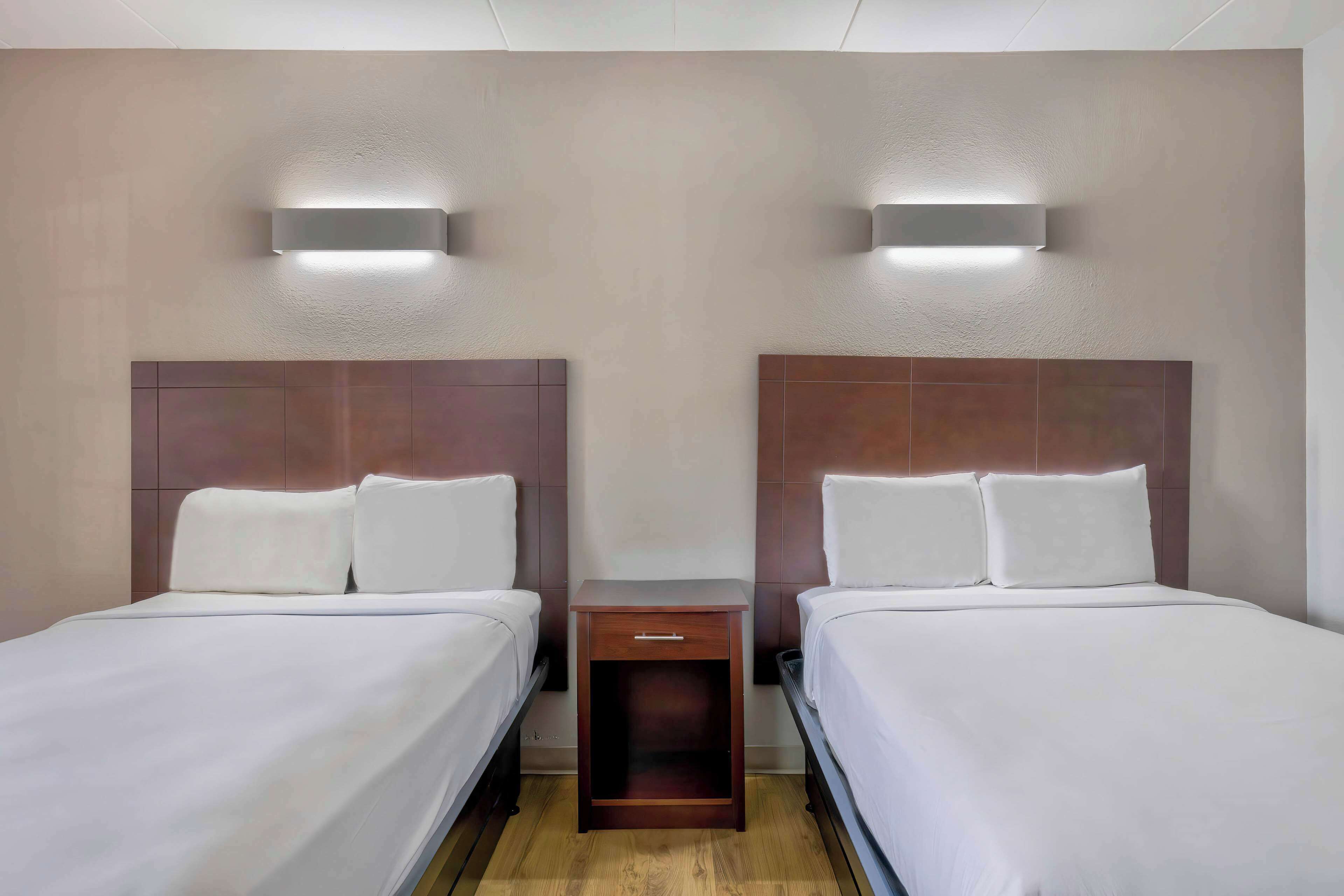 Quarto de hotel com duas camas, cada uma com roupa de cama branca e cabeceiras, uma pequena mesa de cabeceira de madeira com gaveta e iluminação fixa na parede.