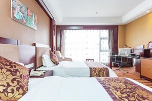 A hotel room with two beds, a desk with a computer, and a large window. - Wujiang Hotel (Yanhe)