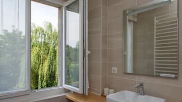 A bathroom with a window, a sink, and a mirror.