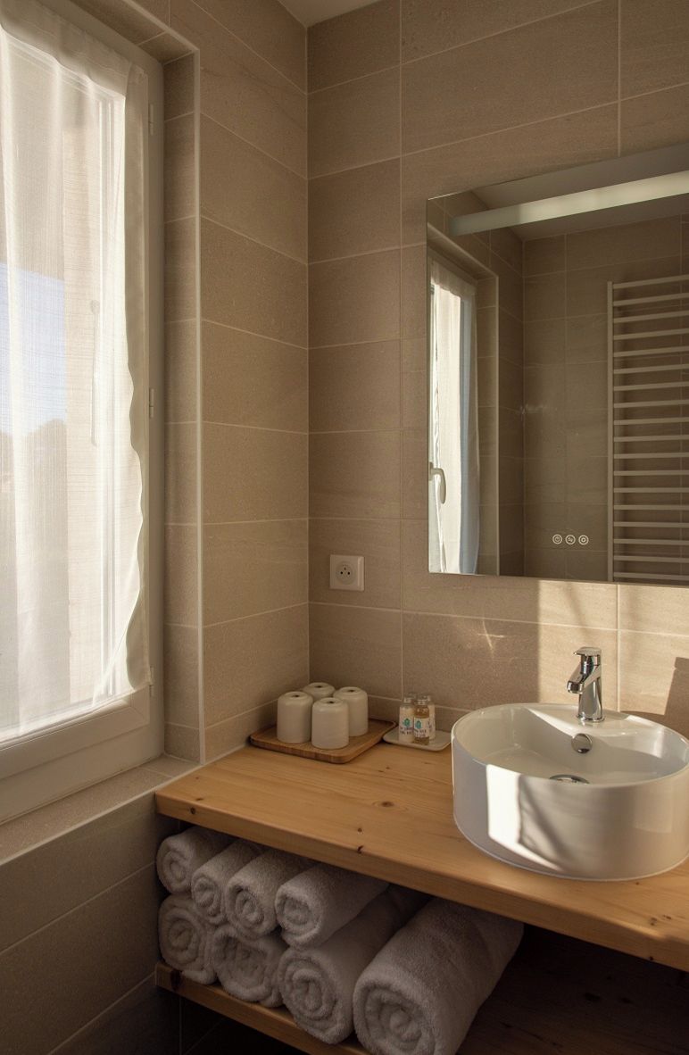 Ein Badezimmer mit beiger Fliesenwand, einer Holztischplatte, einem weißen Waschbecken, einem Spiegel und einem Fenster mit Vorhang.