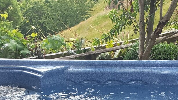 A view from a balcony with a blue railing, overlooking a lush green landscape with trees and a distant view of a town. - Geyser Lookout BnB (Rotorua)