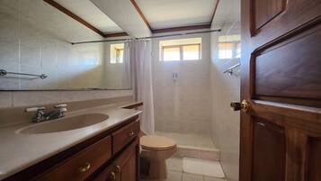 Un baño con un espejo grande, dos lavamanos, un inodoro y una ducha.