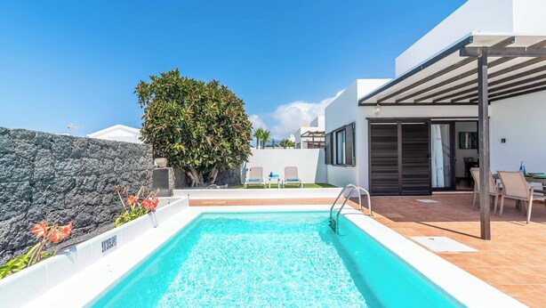 A swimming pool with a stone wall and a tree, a covered patio area, and a modern building with a door.