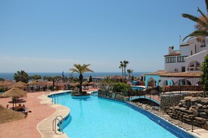 A swimming pool with a curved design, surrounded by palm trees and a view of the ocean. - Luxurious penthouse flat with sea view (Nerja)