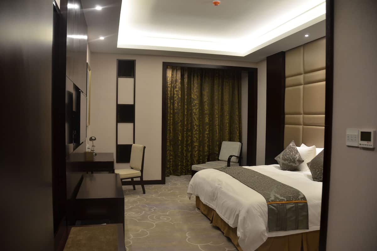 Een moderne hotelkamer met een groot bed, een bureau, een stoel en een televisie.
