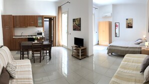 Un ambiente compatto con angolo cottura, zona pranzo, televisione e due letti.