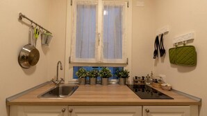Una cocina con encimera de madera, un fregadero, una ventana con cortinas translúcidas y plantas en macetas.