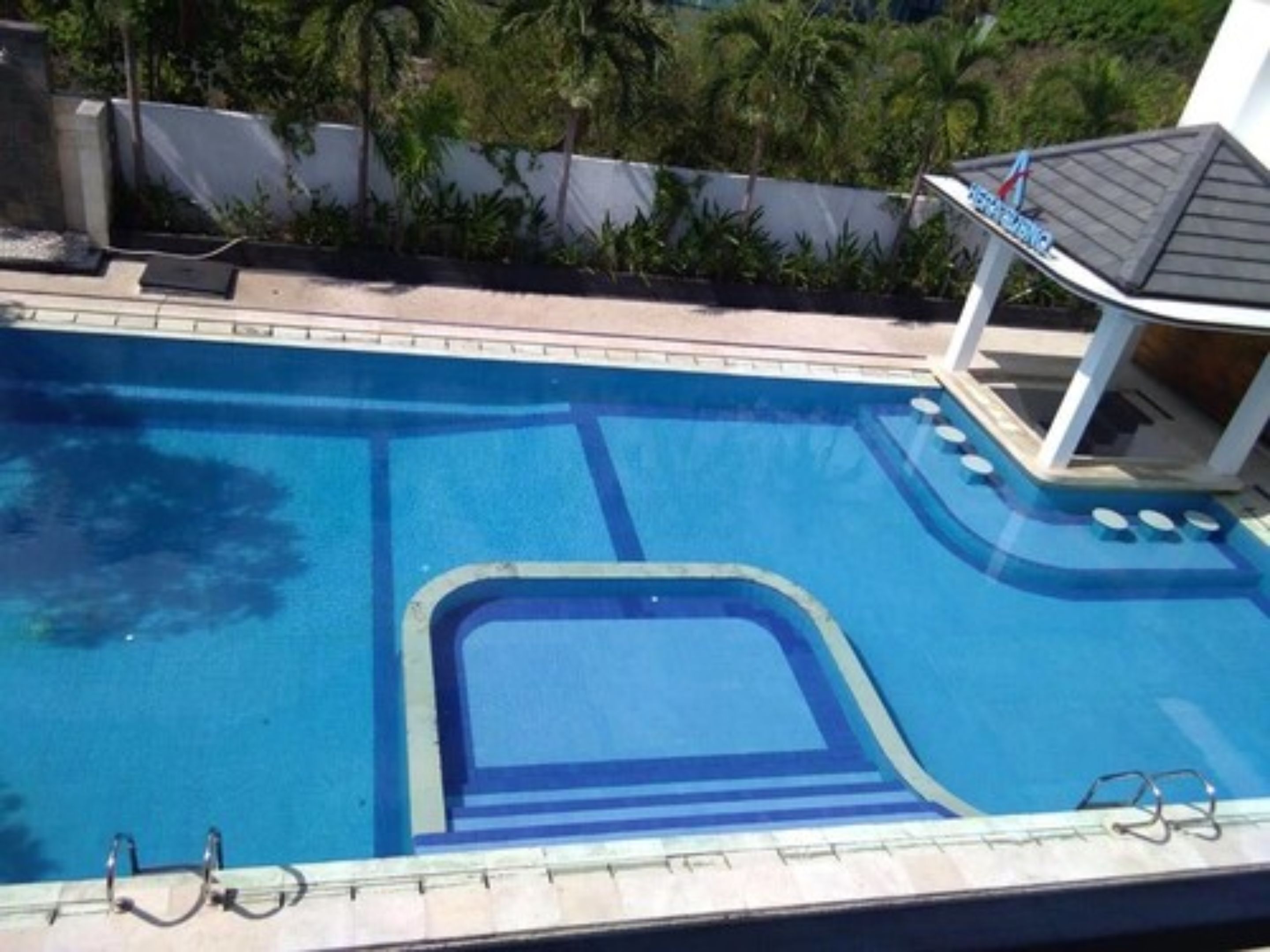 A swimming pool with a clear blue center, surrounded by a white wall and greenery.