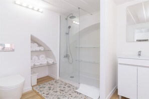 Hair dryer, towels, soap, toilet paper
