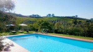 Una piscina con bordo in legno, circondata da vegetazione rigogliosa e un vigneto sullo sfondo.