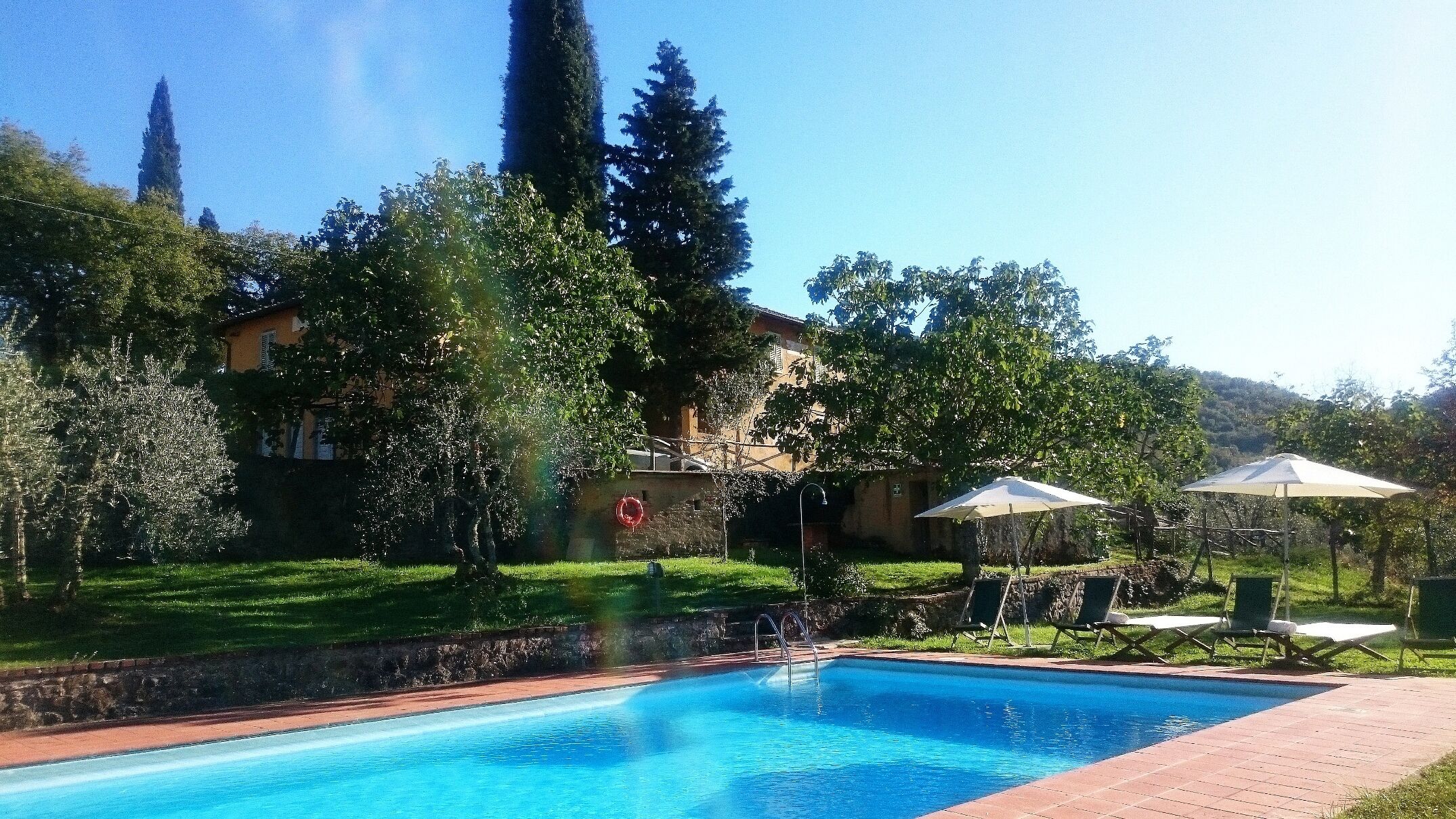 A swimming pool with a clear blue water, surrounded by a brick border. There are lounge chairs and umbrellas under trees, and a stone wall with a red circular decoration.