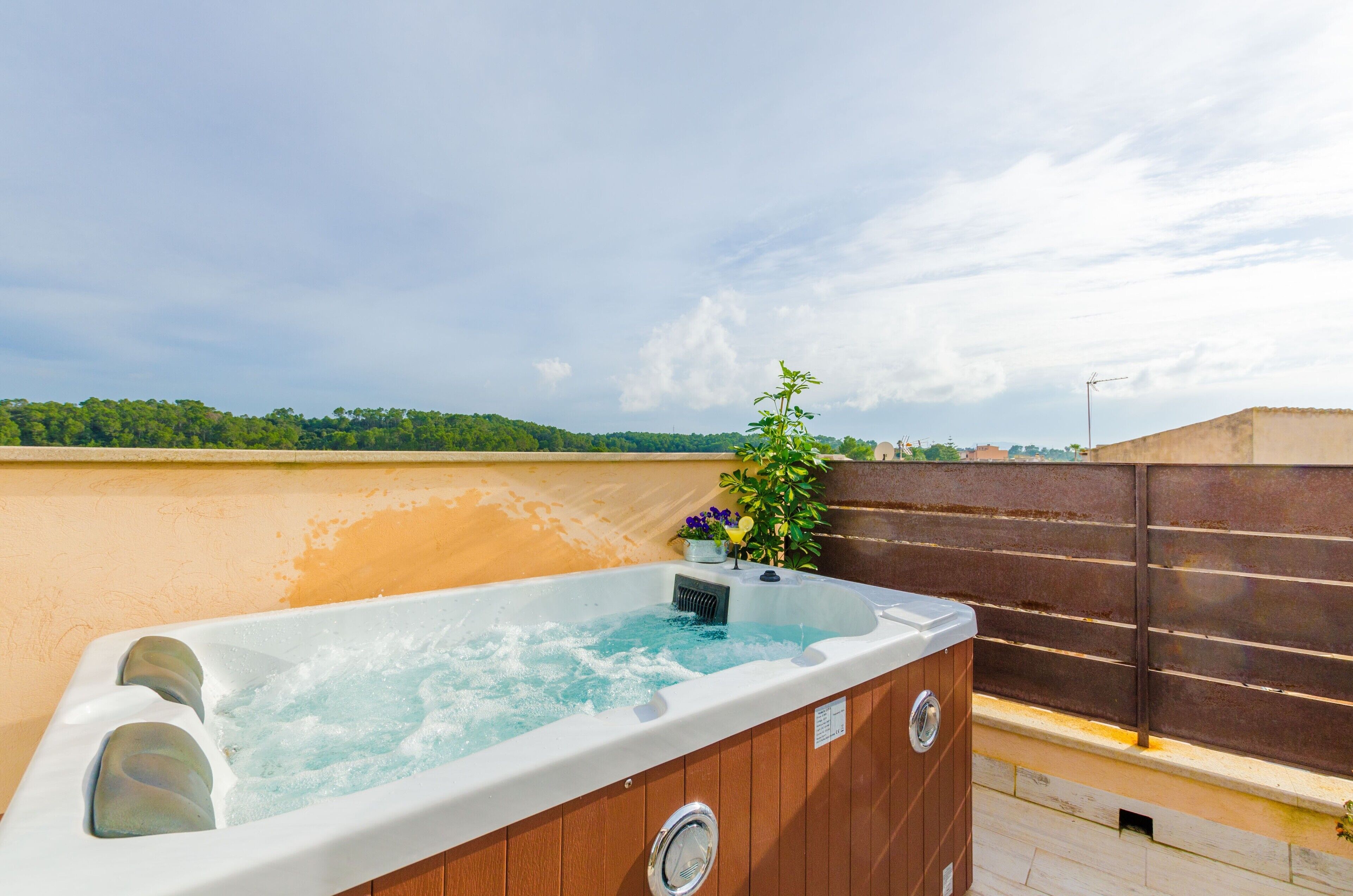 Un jacuzzi con revestimiento de madera, una planta pequeña y una vista despejada del cielo y árboles distantes.