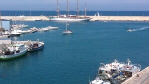 Un puerto deportivo con varias embarcaciones amarradas, incluyendo un gran velero y lanchas más pequeñas.