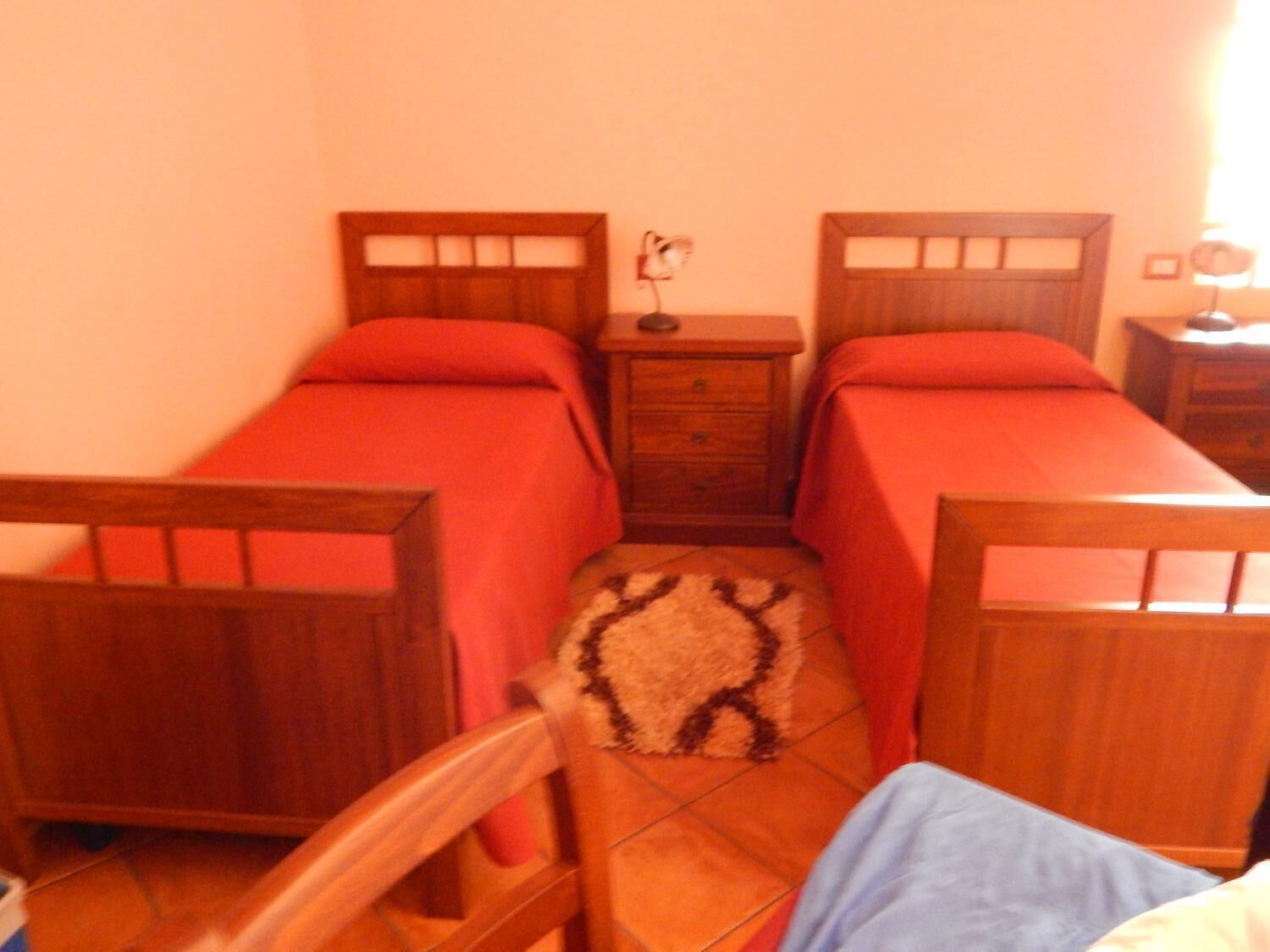 A bedroom with two single beds, wooden headboards, a small bedside table with a lamp, and a patterned rug on the floor.