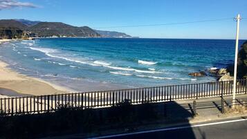A coastal road with a wooden fence, a clear blue sky, and a view of the ocean.