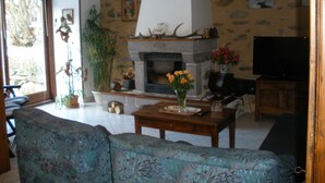 A living room with a fireplace, a sofa, a television, and various decorative items. - 4* located in small village in Auvergne in the middle of the country (Saint-Étienne-Sur-Blesle)