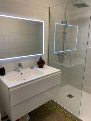 Combined shower/bathtub, hair dryer, towels, soap