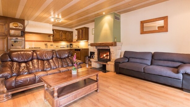 A cozy living room with a fireplace, leather sofas, wooden coffee table, and a kitchen area with modern appliances. - Gîte du Champ Chequelin - 3 ears 4 stars (Corravillers)