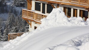 A wooden chalet with multiple balconies and large windows, surrounded by snow-covered trees and a snowy landscape.