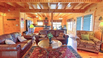 Smart TV, chimenea, libros y estéreo