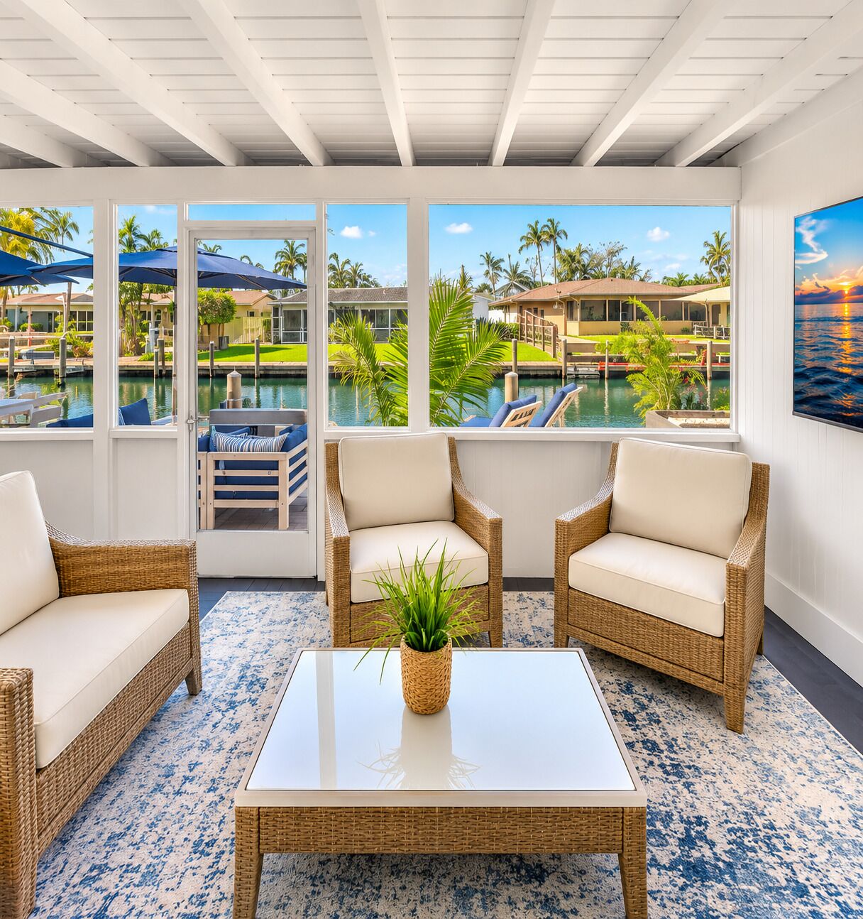 A room with wicker furniture, a glass table, and a view of a pool and palm trees.