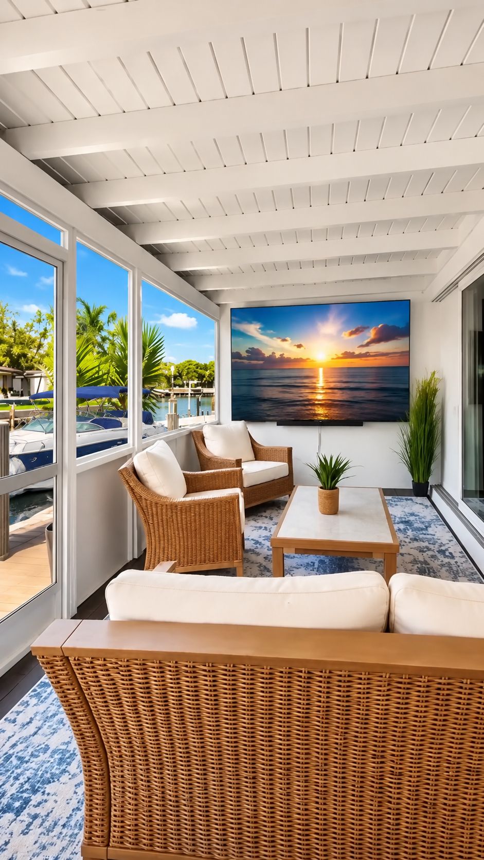 A sunlit room with a large window, wicker furniture, a flat-screen TV, and a view of a pool and palm trees.