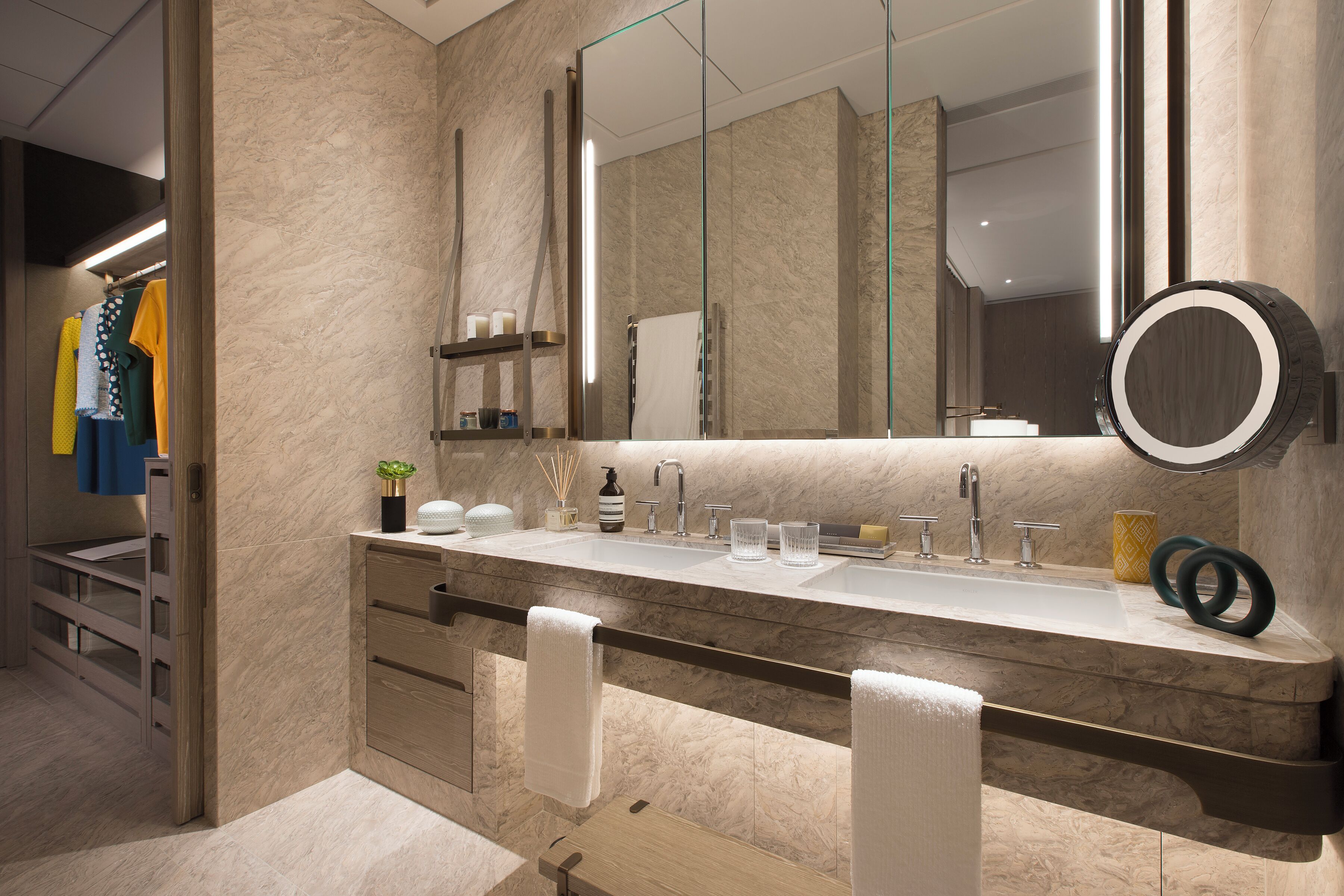 designer toiletries, hair dryer, bathrobes, slippers