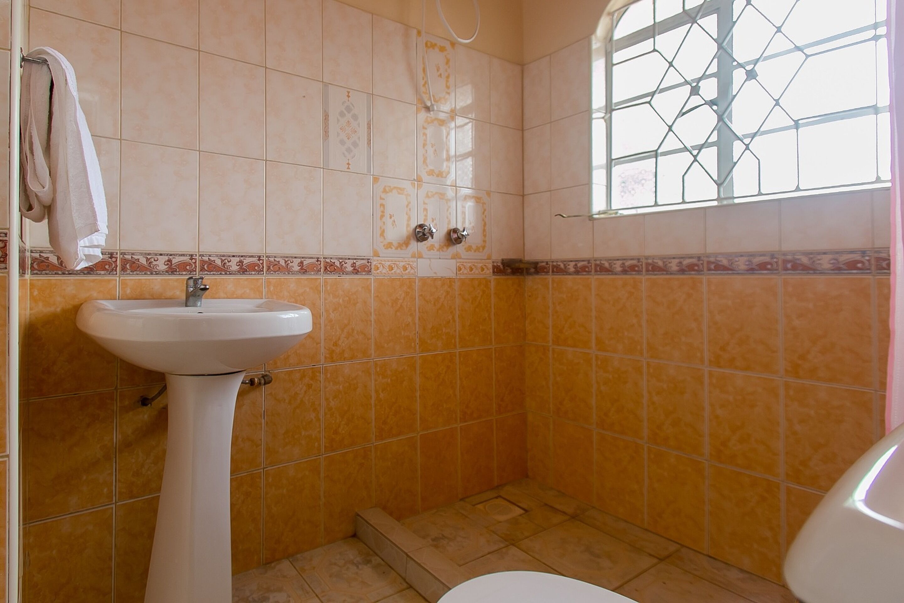 Une salle de bain avec un lavabo sur colonne, une fenêtre à carreaux et un sol carrelé.