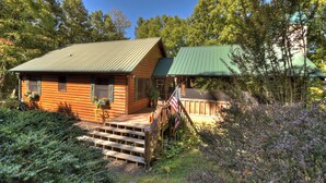 A log cabin with a green roof, surrounded by dense foliage and a wooden deck.