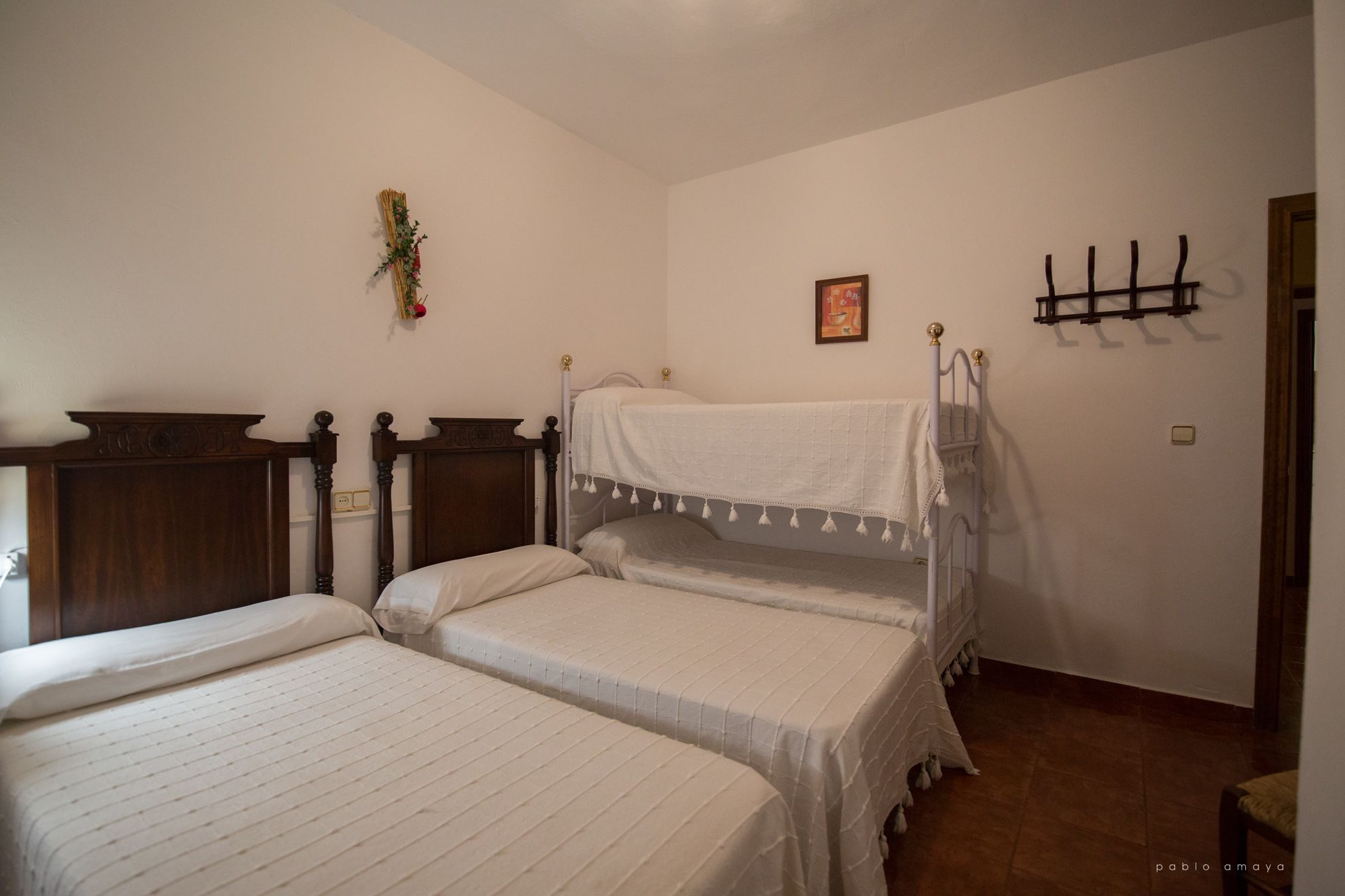 Un dormitorio con dos camas, cabecero de madera, perchero en la pared y un cuadro pequeño.