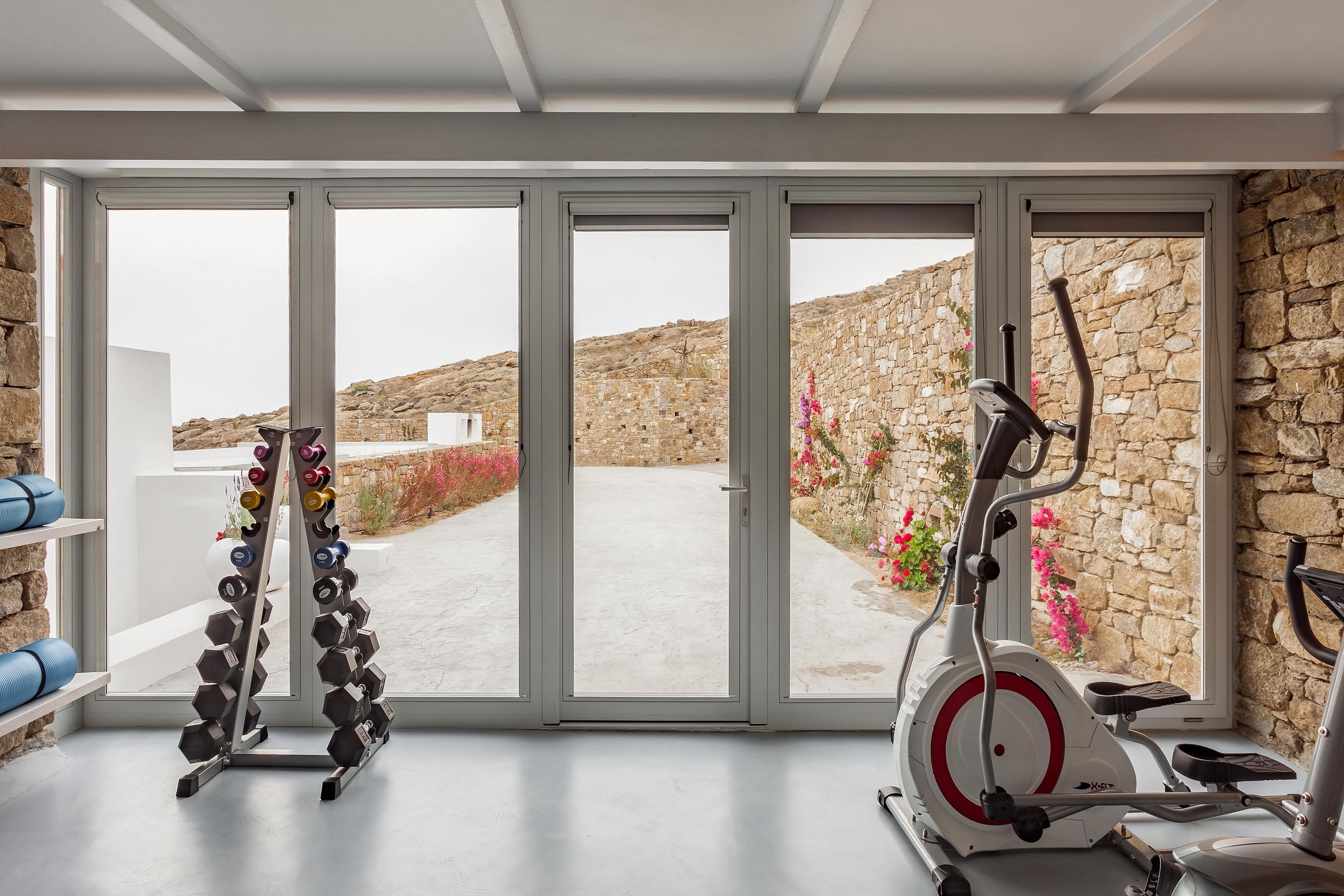 A gym with exercise equipment, a stone wall, and a view of a mountainous landscape through large glass doors.