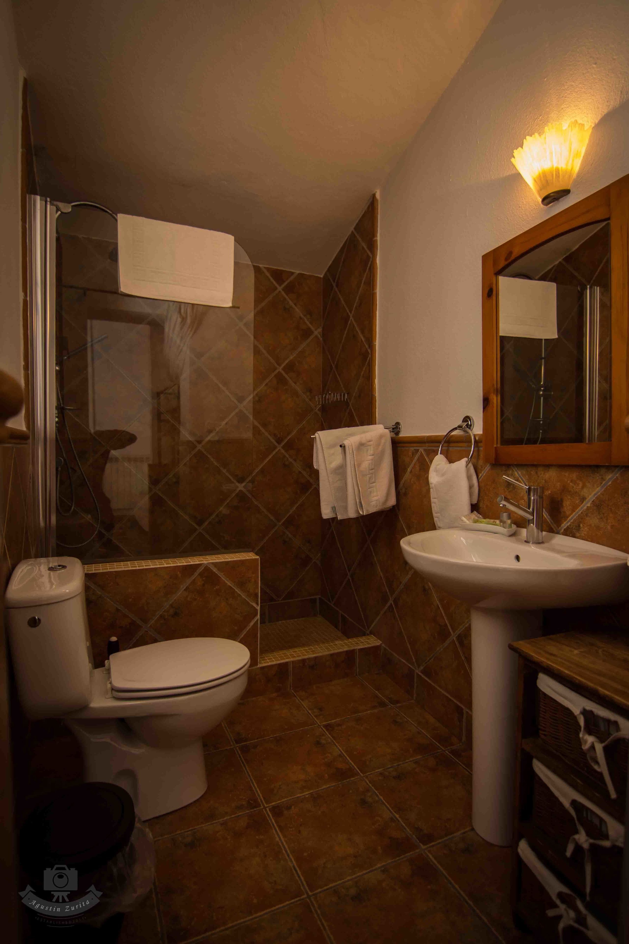 A bathroom with a shower, toilet, sink, and a mirror.