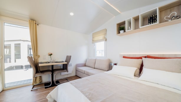 Una habitación de hotel moderna con una cama grande, un escritorio y un sofá. Hay estanterías con libros y una planta.