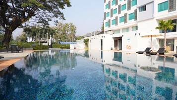 Outdoor pool, pool umbrellas, pool loungers