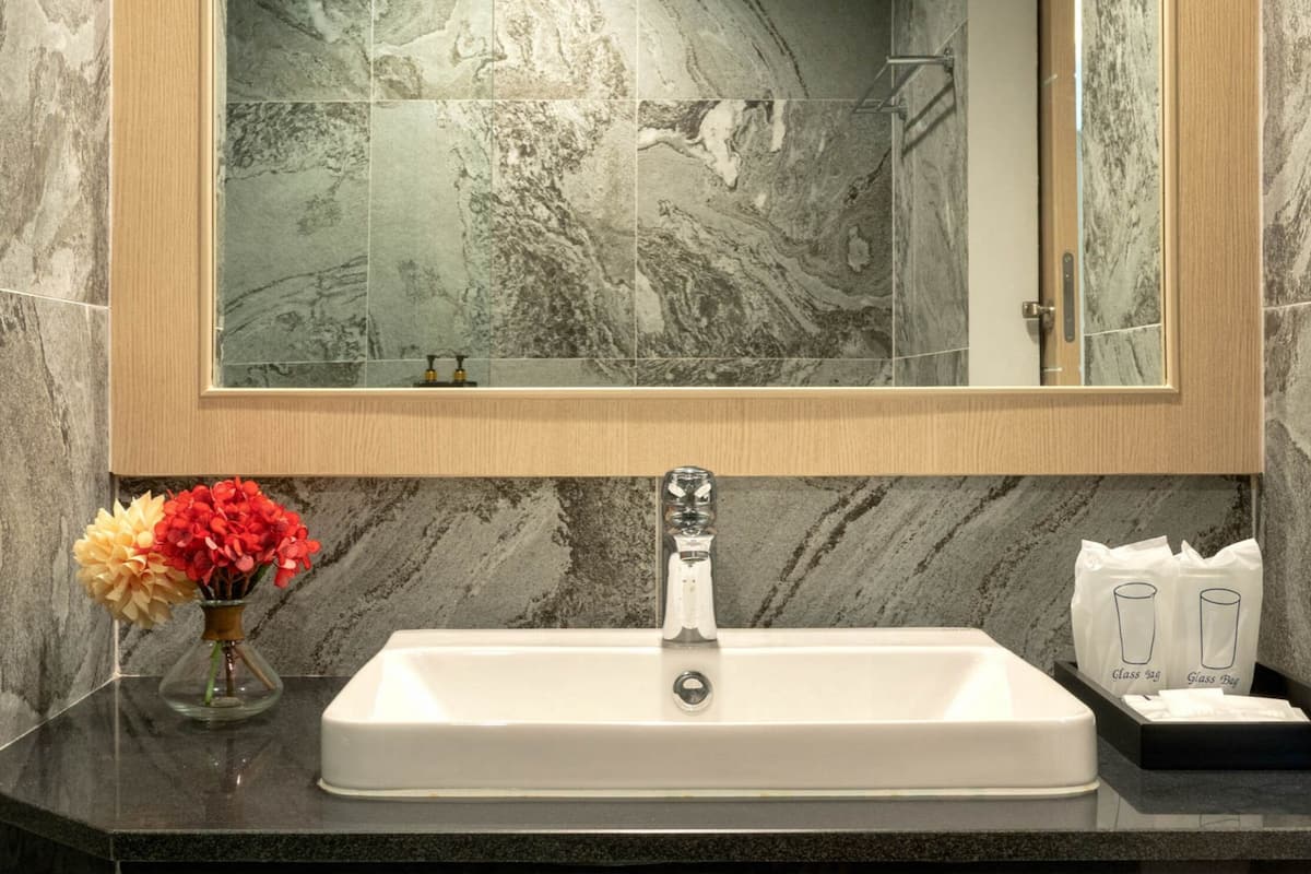 shower, rainfall showerhead, free toiletries, hair dryer