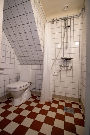 Un baño con inodoro blanco, ducha con puerta de cristal y suelo a cuadros.