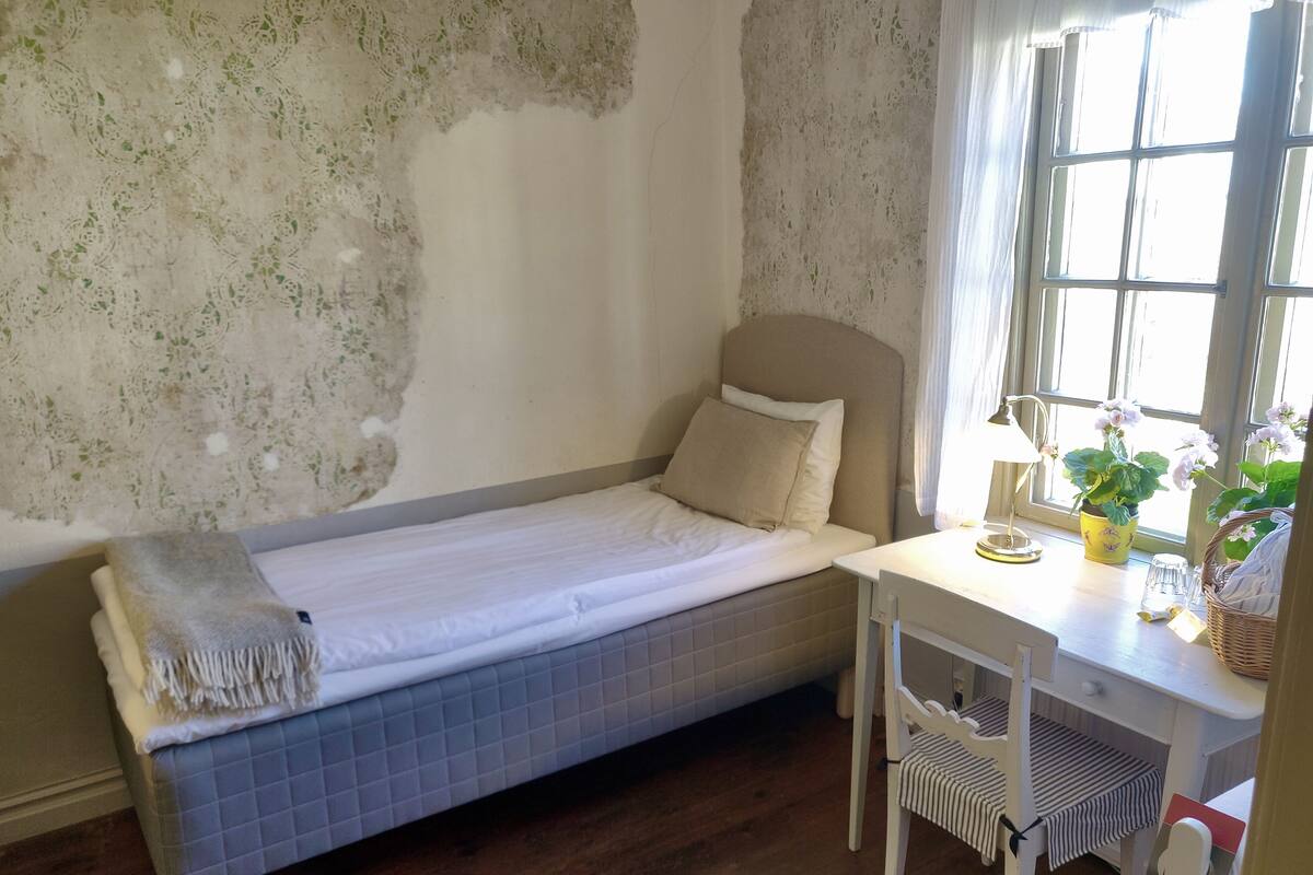 Una habitación pequeña con cama individual, suelo de madera, un escritorio con silla, una ventana con cortinas y una planta en maceta.