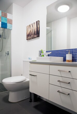Appartement Deluxe, 1 chambre | Salle de bain | Douche, articles de toilette gratuits, sèche-cheveux