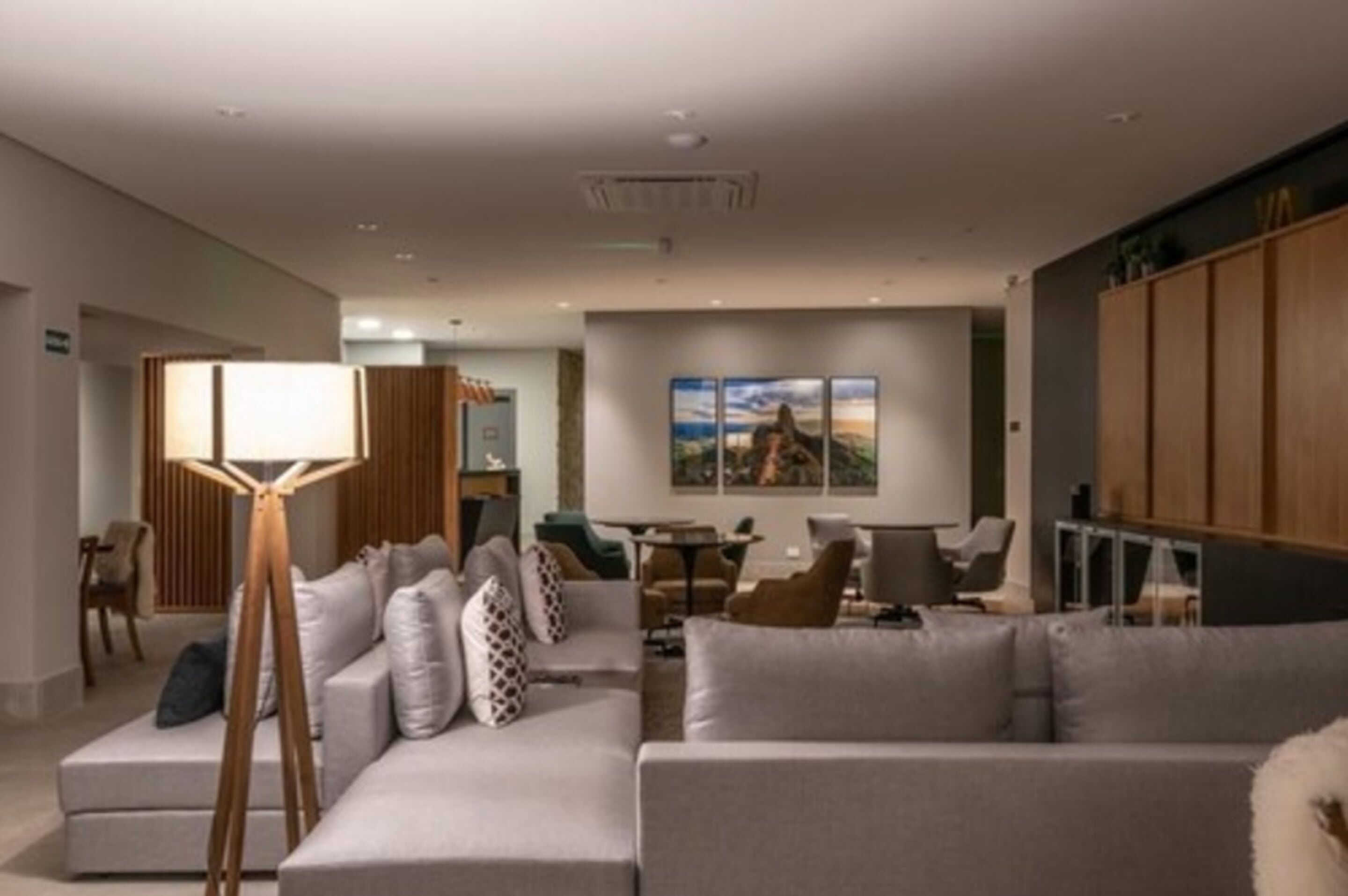 A modern living room with a sofa, a floor lamp, and a dining area with chairs and a table.