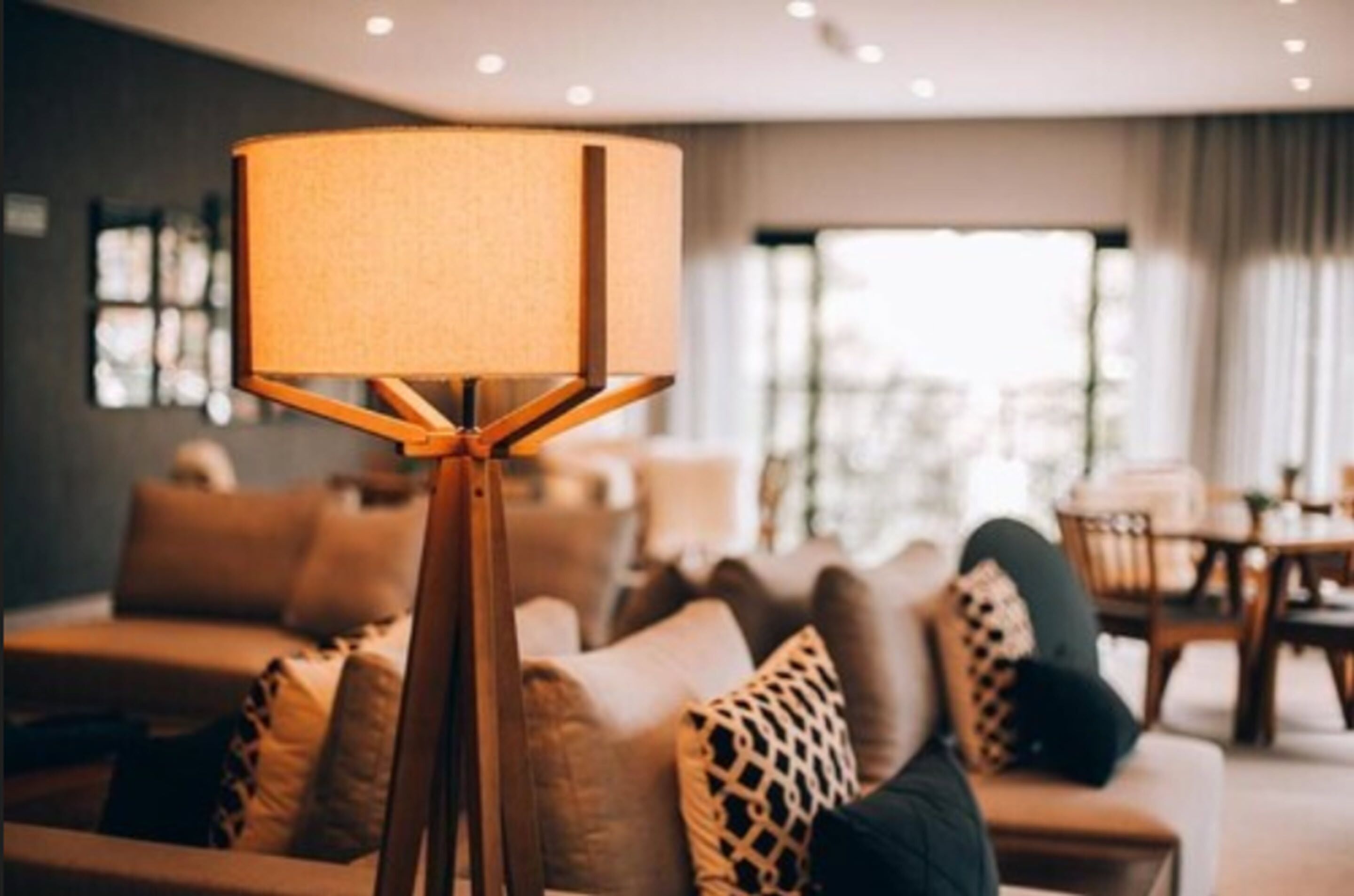 A modern living room with a floor lamp, sofas, and a dining area.