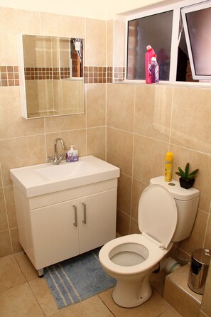 Un baño con lavamanos, espejo, inodoro y ventana con productos de limpieza en el alféizar.