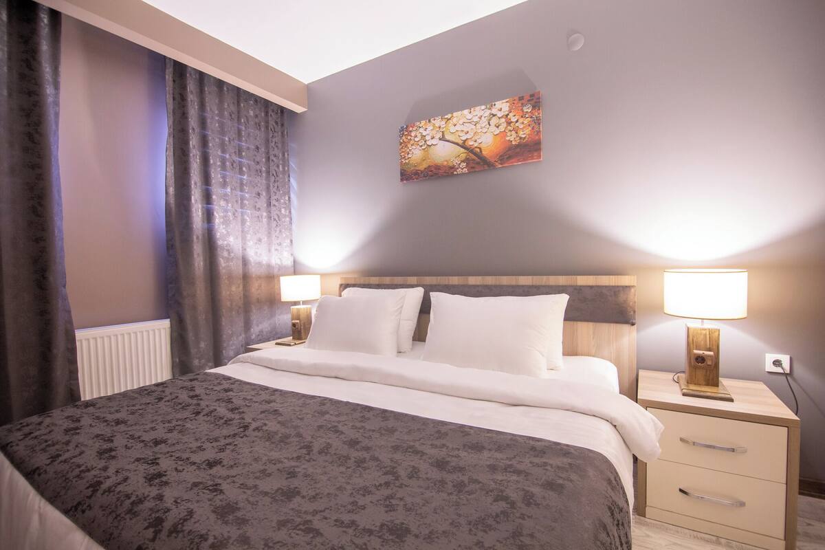 Une chambre d’hôtel avec un lit, deux tables de chevet avec des lampes, un radiateur et un tableau au mur.