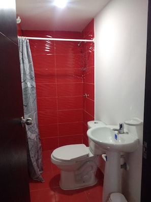 A bathroom with a red tiled shower, a white toilet, and a white sink.
