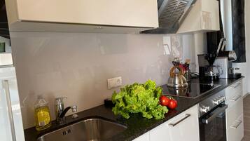 Täysikokoinen jääkaappi, mikroaaltouuni, uuni, liesi