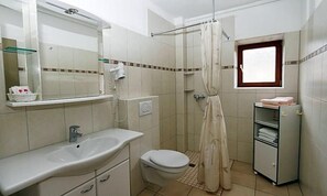A bathroom with a sink, toilet, shower, and a window.