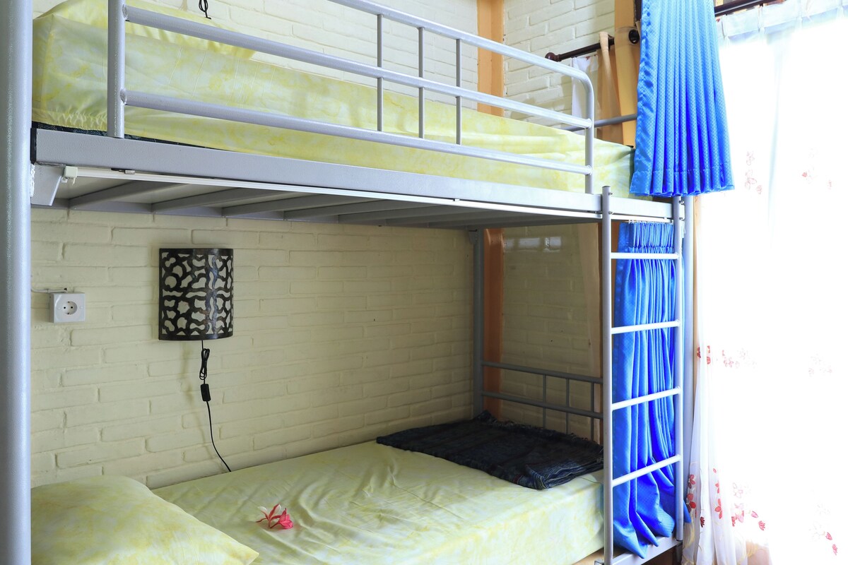 A bunk bed room with a power outlet on the wall, a patterned wall decoration, and a window with blue curtains.