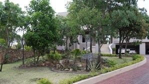 A landscaped area with a paved walkway, a stone wall, and various plants and trees. - Shiloh Luxury Lodge (Harare)