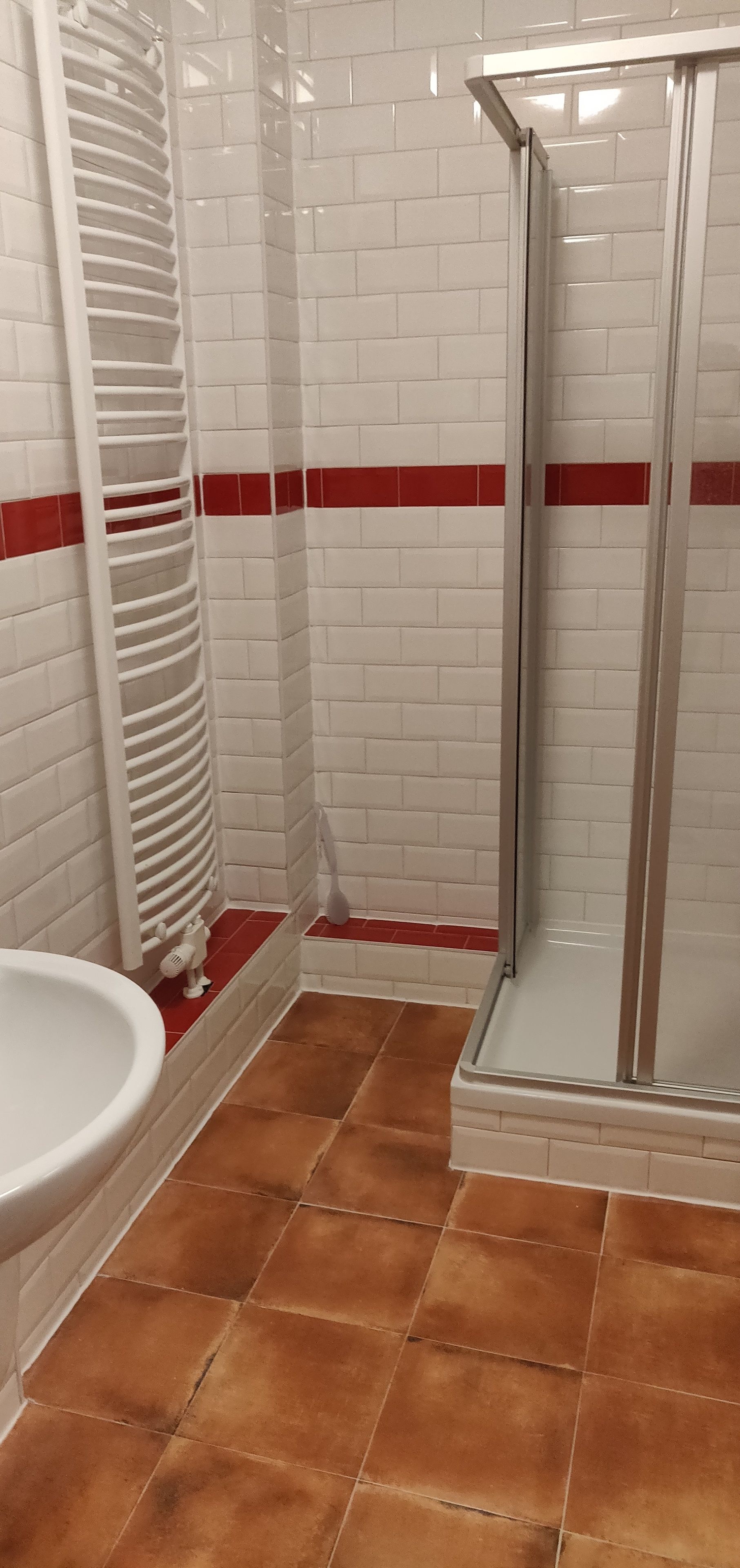 A bathroom with white and red-tiled walls, a white sink, and a glass shower enclosure.